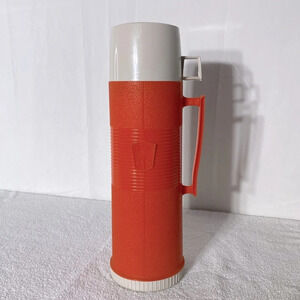 Vintage 1970s  MCM Thermos Brand Orange Plastic Glass Vacuum Insulated Bottle